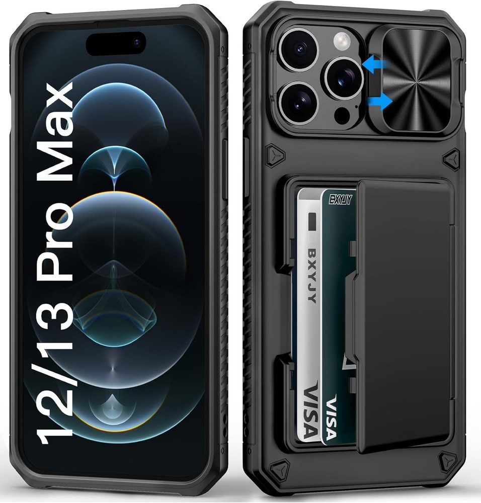 iPhone 12 Pro Max & 13 Pro Max Case Wallet, Card Holder, Slide Camera Cover, Bla