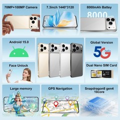 A17 Pro Max Unlocked Phone 5G, 16GB+1TB Dual SIM Cell Phone，7.3″ HD Display