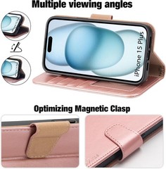 iPhone 15 Plus Case with Card Holder and Wrist Strap Wallet Flip Cover, Rose Gol