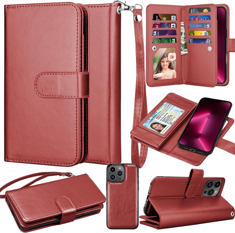 iPhone 16 Pro Max Wallet Case Leather Flip Cover Card Holder Kickstand Red