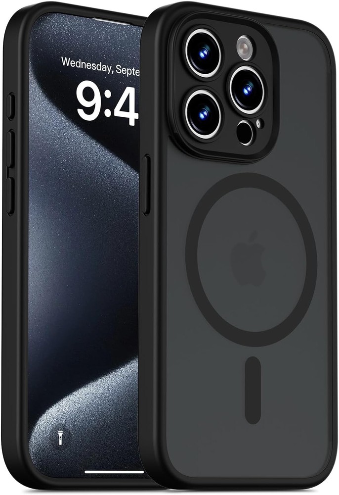 Magnetic for iPhone 15 Pro Case, Translucent Matte, Black with Built-in Camera C