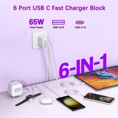 USB C Charger Block, 65W Fast Charging, 6-Port USBC Charging Block, Multiport Po