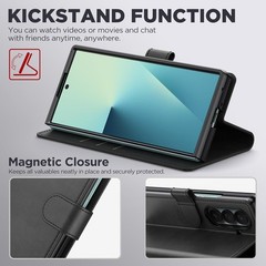 Leather Wallet Case for Samsung Galaxy Z Fold 7, Flip Cover with Card Slots, Bla