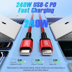 240W USB-C Fast Charger Cable for Samsung Galaxy S26, Pixel 10 Pro 10ft