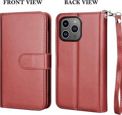 iPhone 16 Pro Max Wallet Case Leather Flip Cover Card Holder Kickstand Red