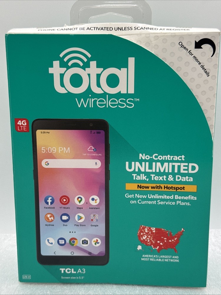 TCL A3 Total Wireless Smartphone 5.5” 4G LTE WiFi Android 11.0 Black Touchscreen