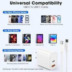 20W USB-C Wall Adapter Charger with 6ft Fast Charging Cable for iPhone 17/16