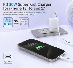 1 Pack 30W USB-C Super Fast Charger Wall Adapter for iPhone 17, 16, 15, 6ft Cabl