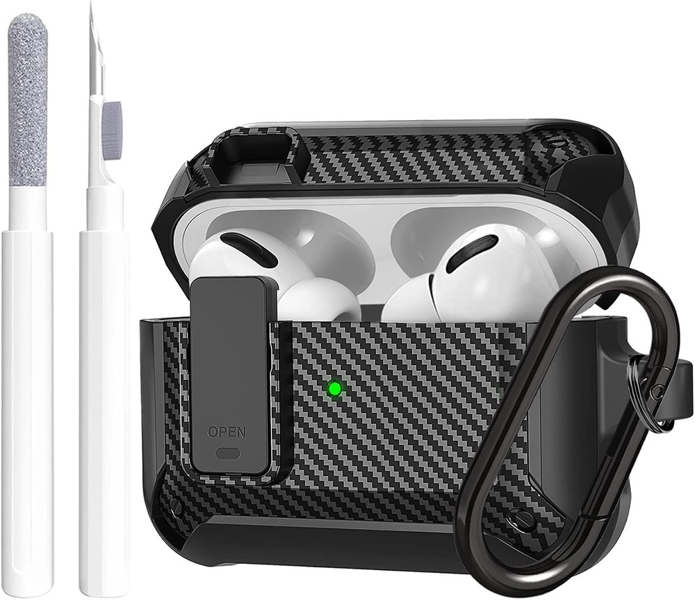 Rugged Military Armor Case for AirPods Pro 2 with Cleaner Kit and Lock – Black