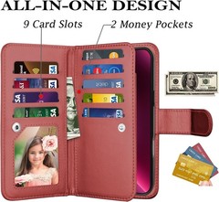 iPhone 16 Pro Max Wallet Case Leather Flip Cover Card Holder Kickstand Red