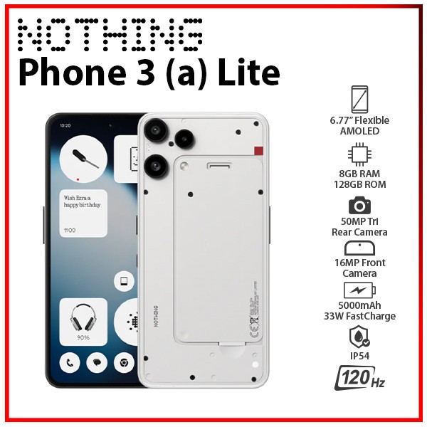 Nothing Phone 3(a) Lite WHITE 8GB+128GB Dual SIM Unlocked Android Cell Phone