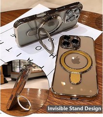 Magnetic for iPhone 16 Pro Max Case Clear Invisible Ring Stand Built-in Camera L