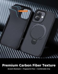 Carbon Fiber Phone Case for iPhone 17, Black, 360° Magnetic Stand, Military Grad