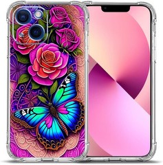 Case for iPhone 14, Blue Butterfly Flowers Rose Drop Protection Shockproof TPU C