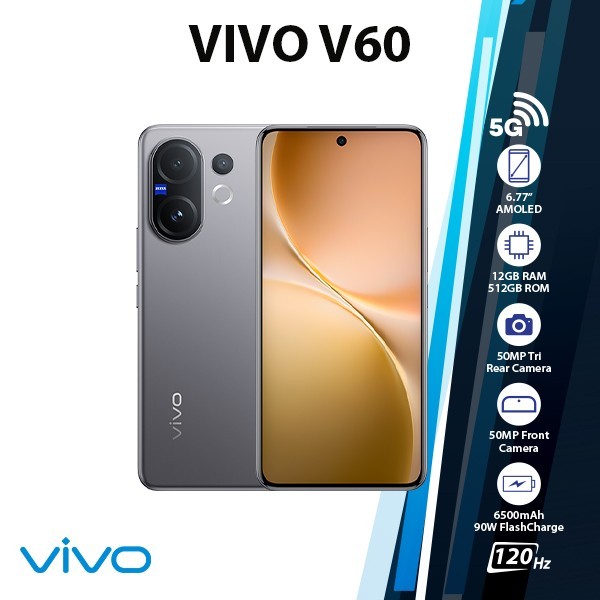 VIVO V60 5G Android Cell Phone (GREY/12GB+512GB/Dual SIM/Octa Core/Unlocked)