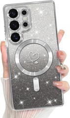 Samsung Galaxy S25 Ultra Case Support for Plating Heart Glitter Magnetic TPU Cov