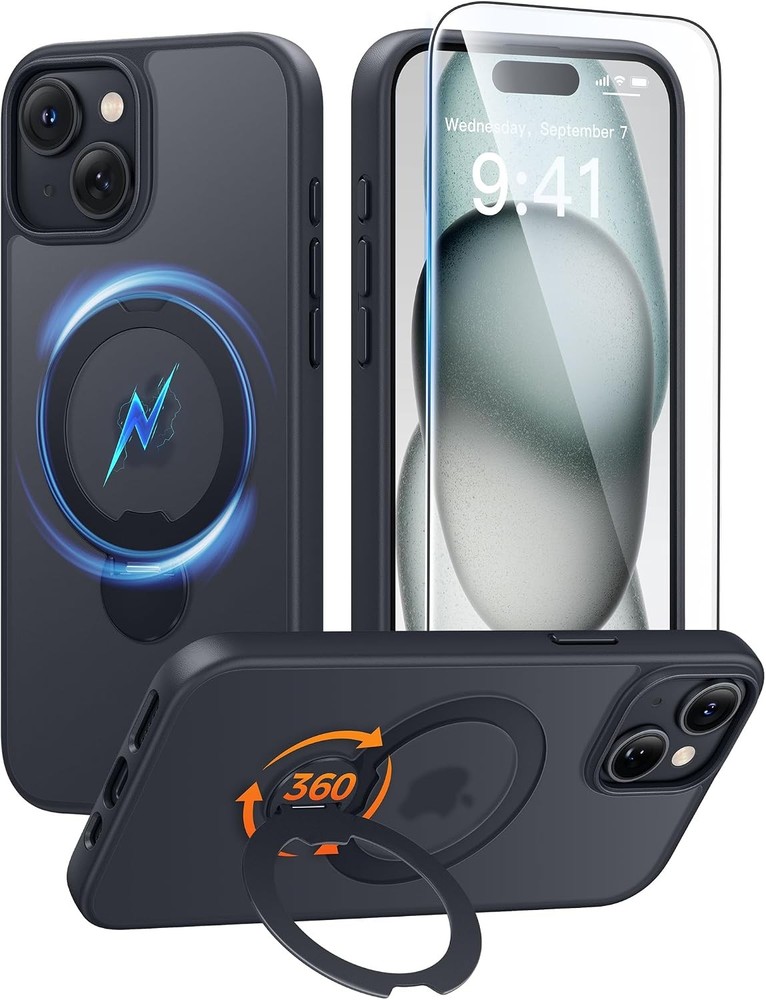 Black iPhone 14 Plus/15 Plus Case with 360 Spin Magnetic Stand – FNTCASE