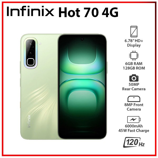 (New) Infinix Hot 70 6GB+128GB GREEN Dual SIM Unlocked Android Cell Phone