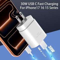 30W USB-C Fast Charger Adapter for iPhone 17, 16, 15, 10Ft USB C Cable