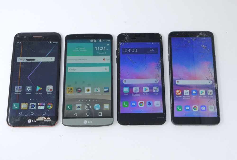 Lot of 4 Working Cracked LG Smartphones – Rebel 4 / Journey / G3 / K20 Plus