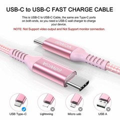 60W USB C to USB C Cable 10ft Pink Long Type-C Fast Charging Charger Cord