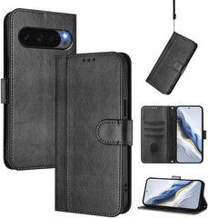Google Pixel 10/Pixel 10 Pro Phone Case Wallet, Flip Leather TPU Cover, Black