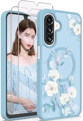 Samsung Galaxy A17 5G Floral Phone Case with 2X Screen Protector, Blue Flower Pa