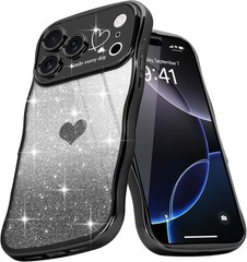 iPhone 17 Pro Case for Women Girls Cute Curly Wavy Love Heart Glitter Bling