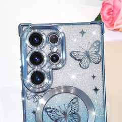 Magnetic Case for Samsung Galaxy S26 Ultra Cute Blue Butterfly Pattern Glitter P