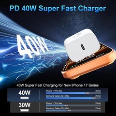 10FT Cable with 40W USB-C Fast Charger Adapter for iPhone 17 Pro Max/17 Pro