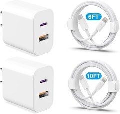 2-Pack 20W Fast Charger Block for iPhone 14/13/12/11 Pro Max with 6FT & 10FT Cab