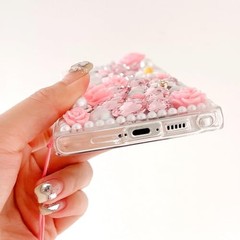 for Samsung Galaxy Z Fold 6 5G Case Luxury Crystal Rhinestone Flowers Strap