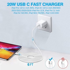 6Ft USB C Wall Charger Adapter for iPad Pro 12.9/11, iPhone 15/16/17 Fast Charge