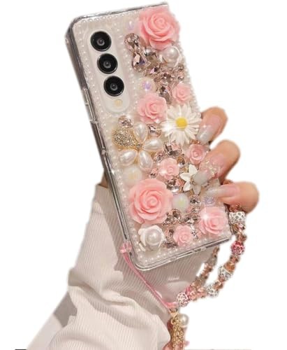 for Samsung Galaxy Z Fold 6 5G Case Luxury Crystal Rhinestone Flowers Strap