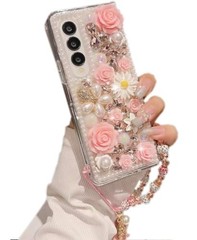 for Samsung Galaxy Z Fold 6 5G Case Luxury Crystal Rhinestone Flowers Strap