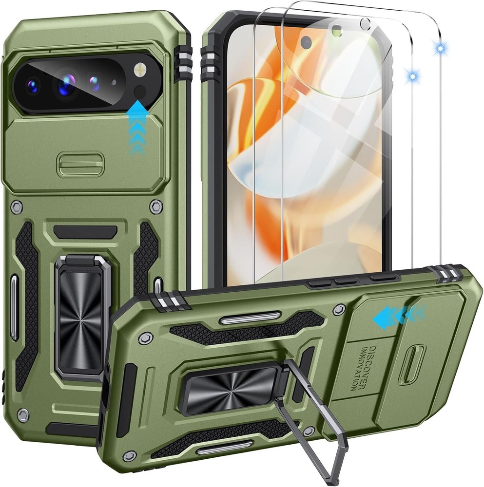 Google Pixel 9 Pro XL Case with 2 PCS HD Screen Protector, Olive Green