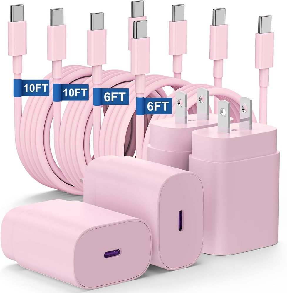 4 Pack 25W USB-C Fast Charger Block for Samsung Galaxy S25/S24, 6ft & 10ft Cable