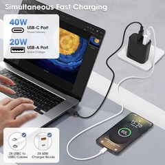 60W Dual USB-C Fast Wall Charger for iPhone, Samsung with 10FT Cable