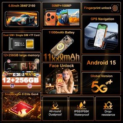 Rugged Phone 17 Pro MAX 256G Unlocked Cell Phone Dual Sim 5G Smartphone 11000mAh