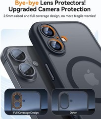 Upgraded Shockproof Black Case for iPhone 16, Translucent Matte, Full Camera Pro