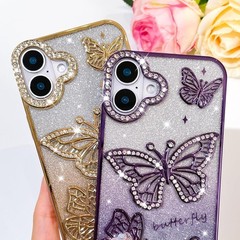 1. For iPhone 17 Glitter Case, Cute 3D Butterfly Pattern Bling Slim Cover Gold