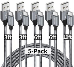 USB A to USB C Cable 5-Pack (3/3/6/6/10 ft), Fast Charging Type C Charger Cord