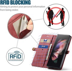 Wine Red Leather Wallet Flip Case for Samsung Galaxy Z Fold 3 5G, RFID, Kickstan