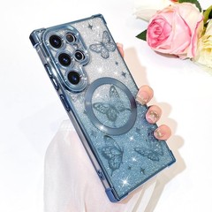 Magnetic Case for Samsung Galaxy S26 Ultra Cute Blue Butterfly Pattern Glitter P