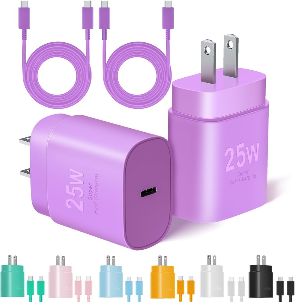 2 Pack 25W USB-C Fast Charger Block for Galaxy S25/iPhone 15 10FT & 6FT
