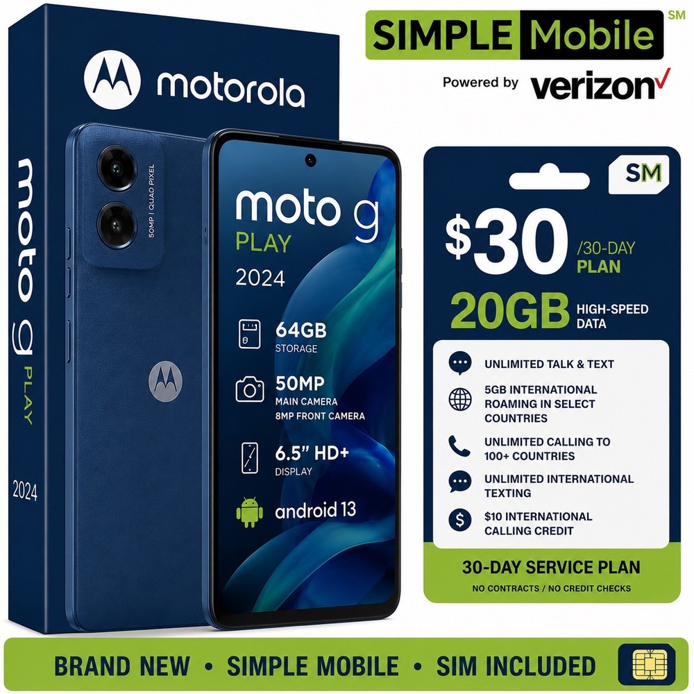 Motorola Moto G Play 2024 64GB Blue Simple Mobile + $30 Plan SIM Included