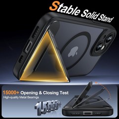 Translucent Matte Black Case for iPhone 15, Magnetic, Kickstand, Full Camera Pro