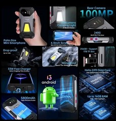 Unihertz Tank Mini 4.3″ Rugged Smartphone 24GB+256GB Helio G99 100MP 5800mAh LED