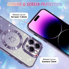 iPhone 14 Pro Max Case Support for Plating Heart Glitter Magnetic Case – Purple