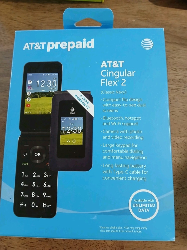 AT&T Cingular Flex 2 Classic Navy 4GB AT&T Prepaid Flip Phone Smartphone, New